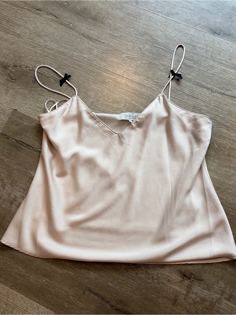 Wayf satin camisole features delicate black bow soft pink Sz M